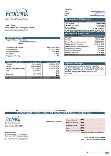 Download Malawi Ecobank Malawi mortgage statement Word and PDF template Photoshop template